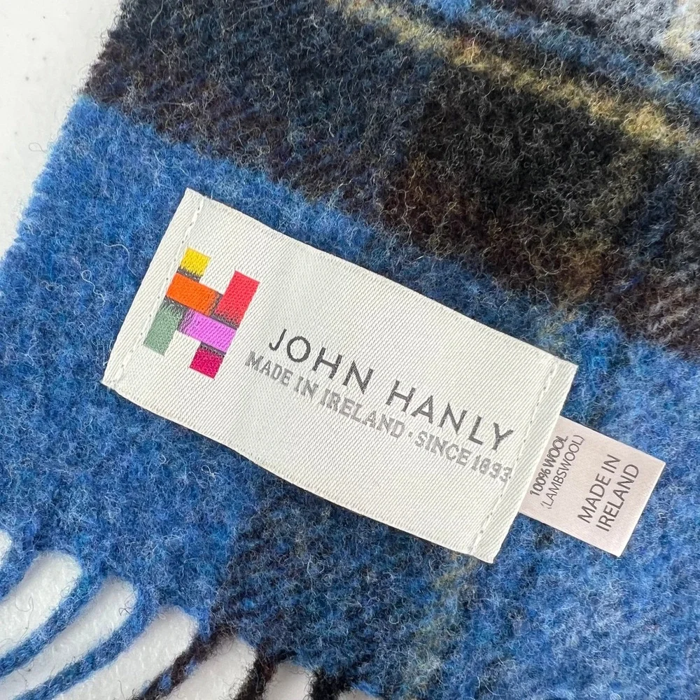 John Hanly 100% Lambswool Scarf Made in Ireland Blue Plaid Fringed Men Accessory